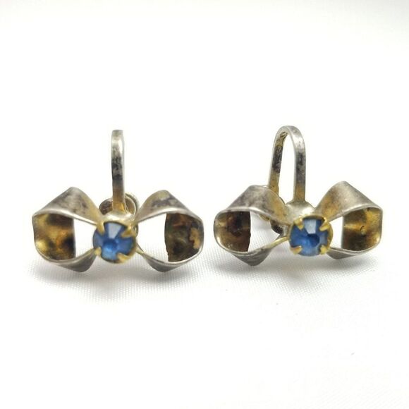 Vintage Sterling Silver Blue Rhinestone Bow Shape Clip On Screw Back Earrings - Picture 2 of 7